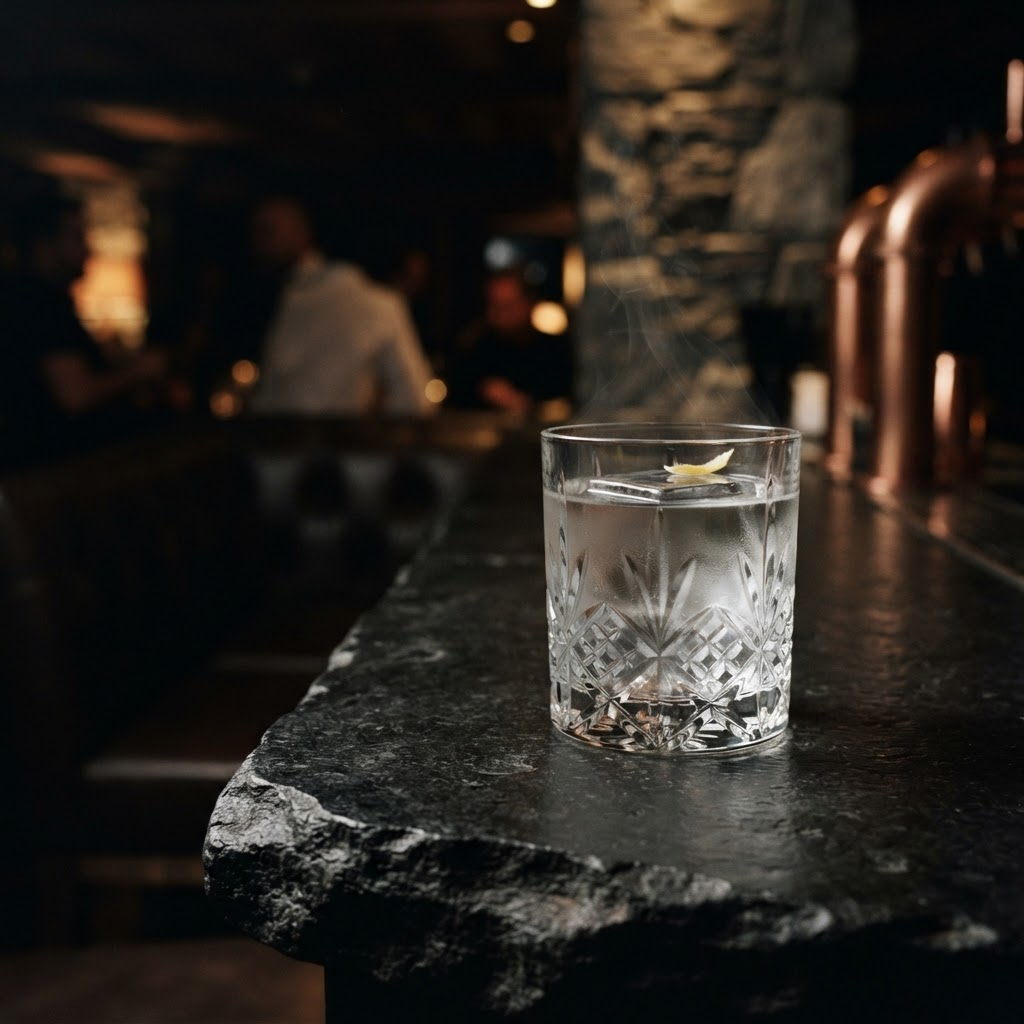 A NEFT vodka cocktail resting on a dark stone bar top under low light